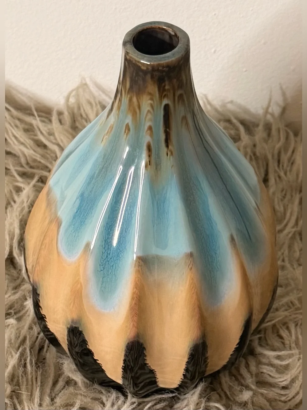 Glazed Ceramic Teardrop Vase in Blue, Tan & Black
